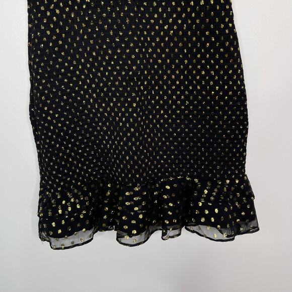 Likely Size 10 Black Gold Zephra Metallic Dot Print Ruffle Mini Dress Cocktail - Picture 4 of 12
